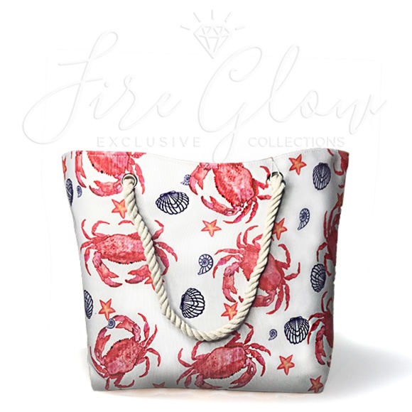 Fire Glow Handbags - Crab Seashell Star Print Beach Tote Bag